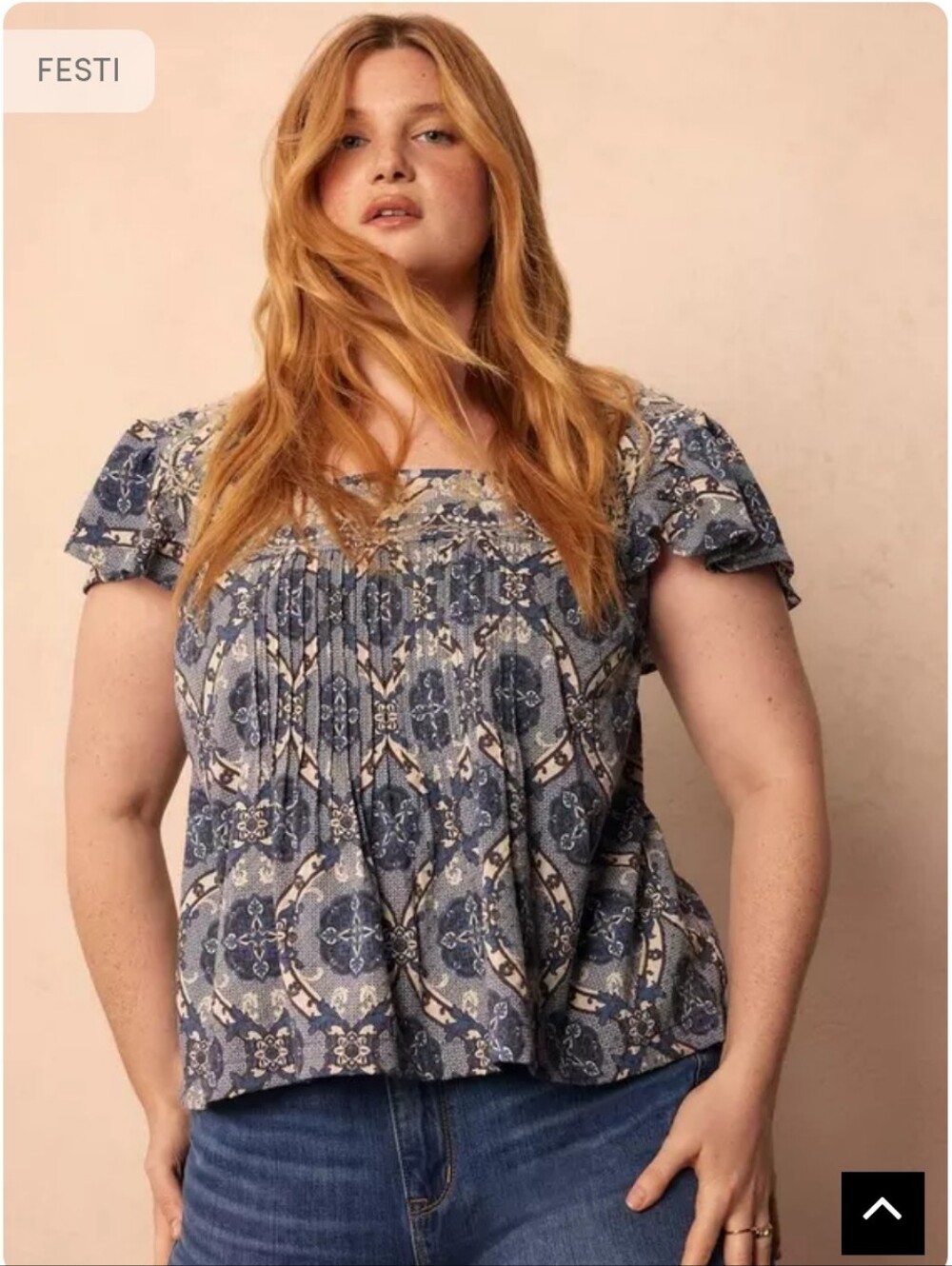 Torrid Festi Blue Pattern Pintuck Flutter Tank